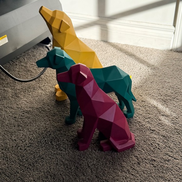 Set of 3 Geometric Dog Figurines Modern Low Poly Resin Statues Yellow Teal Pink - Picture 2 of 5